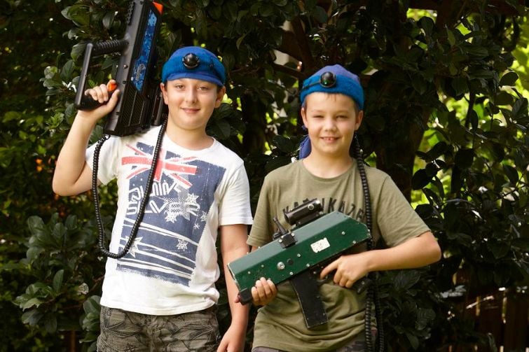 Laser Tag in a Box boys with laser tag.