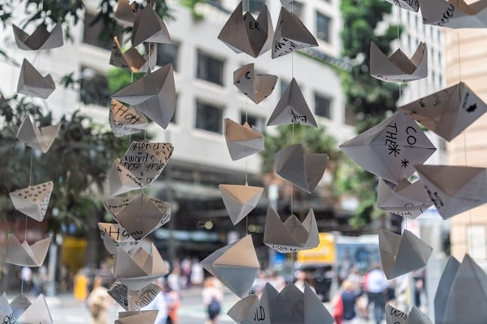 Edward Street - vitrine one - Children's artworks from a workshop for Sadik Kwaish