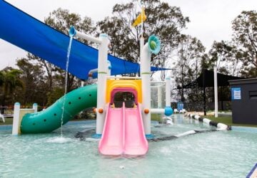 water slides, pink and green