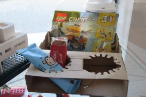 Care pack with Lego and food at Coffee n Bricks Cafe.