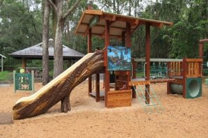 Wooden fort at Downfall Creek playground.