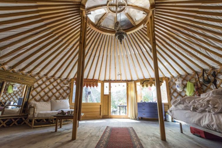 The inside of a yurt.