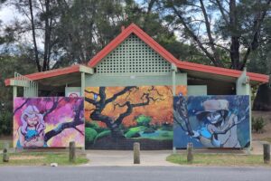 Toilets with murals painted on them at Crestmead Park.
