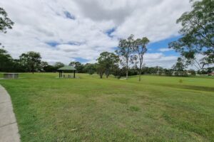 Playing fields and picnic shelter at Ducie Street Park.