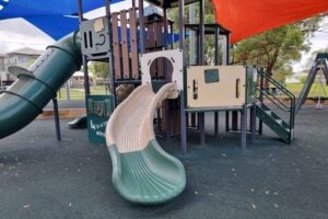 Slides and playground equipment at Ducie Street Park.