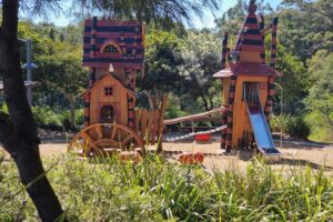 Wooden fort and slide at Bray Farm Park.