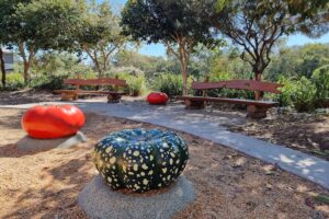 Vegetable sculptures and bench seating at Bray Farm Park.