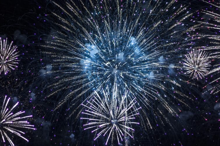 fireworks blue in the night sky.