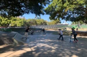 Kids skating and scootering at Paddington Skate Park.