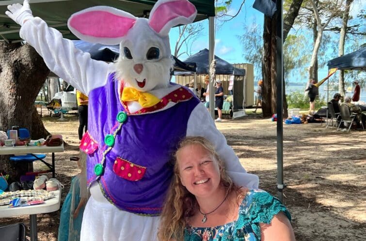 Coochimudlo Island event image of easter markets easter bunny at market stall.