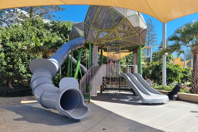 Tunnel slide and dual toddler slide at Adventure Playground, Northern Parkland, Mooloolaba.