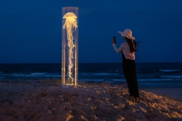 Swell Sculpture Festival event image of person on beach taking photo of sculpture - SOPHIE-GILBERT_Meduse_Image-by-Tyr-Liang-@tyr.xplorer_