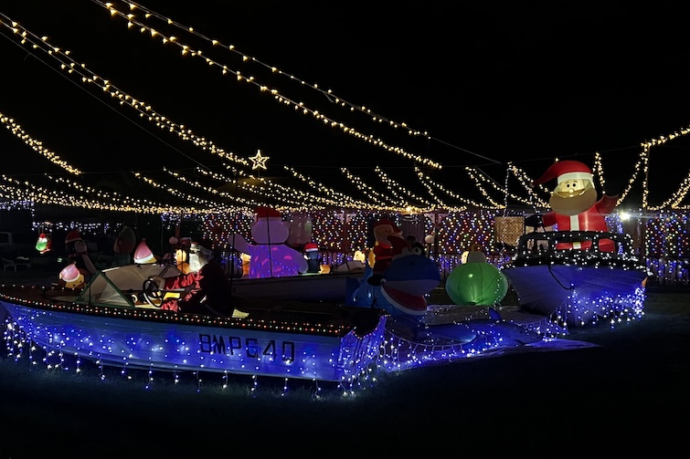 2025 Christmas light display at 44 โ 48 Pioneer Drive, Logan Village.