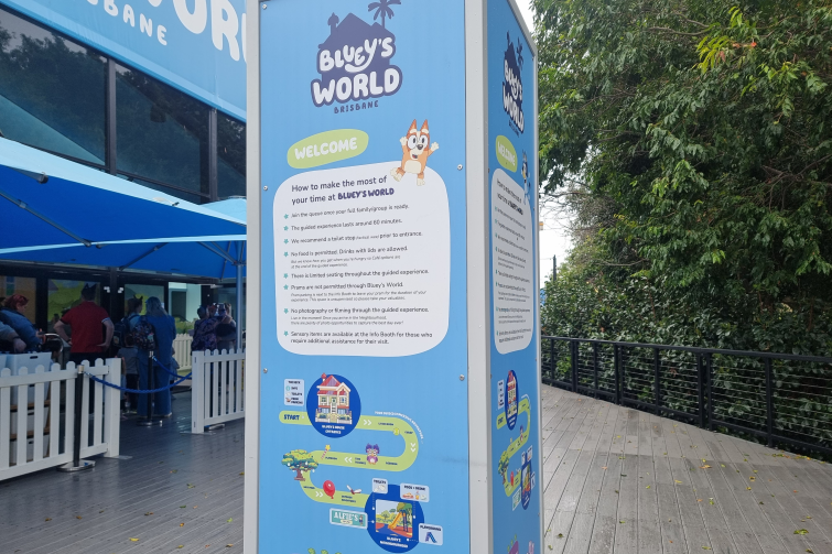 Bluey's World review August 2025 entry signage.