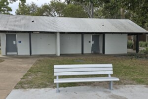 Toilet block and seats at Brennan Park.