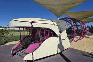 The head of a whale climbing structure at the Whale Park in Aura.