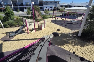 Birds eye view of ship in playground at the Whale Park in Aura.