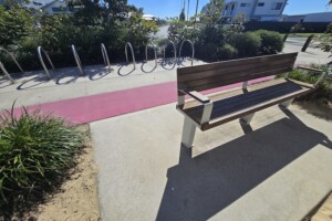 Bench seat and bike racks at the Whale Park in Aura.