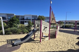Ship play structure and slide at the Whale Park in Aura.