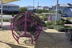 Climbing nets and toilets at the Whale Park in Aura.