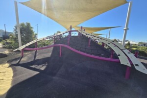 Whales tail climbing structure at the Whale Park in Aura.