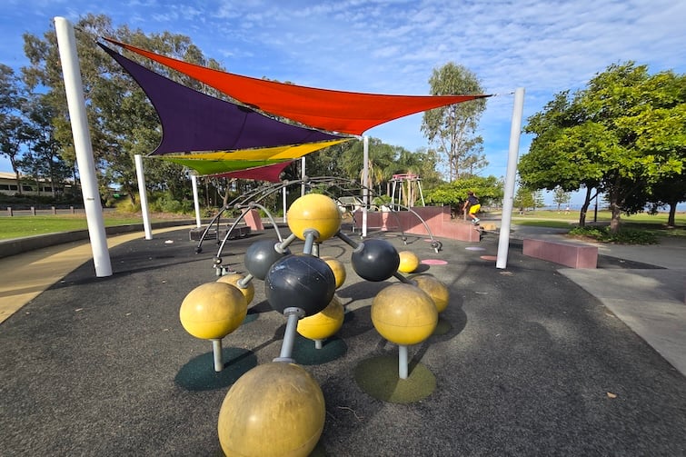 Shade sails and equipment at Redcliffe Parkour Park.