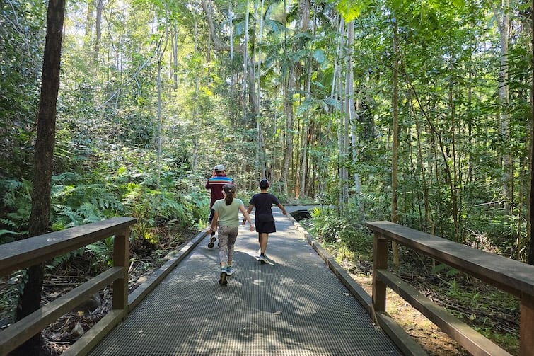 Family walking at Buderim Falls.