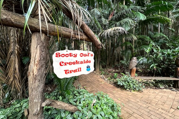 Sooty Ow;'s Creekside trail sign at Tamborine Mountain Botanic Gardens.