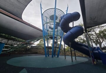 Large tower and slide at Westfield North Lakes play area.