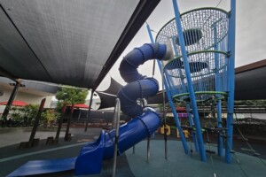 Blue tower and slide at Westfield North Lakes play area.