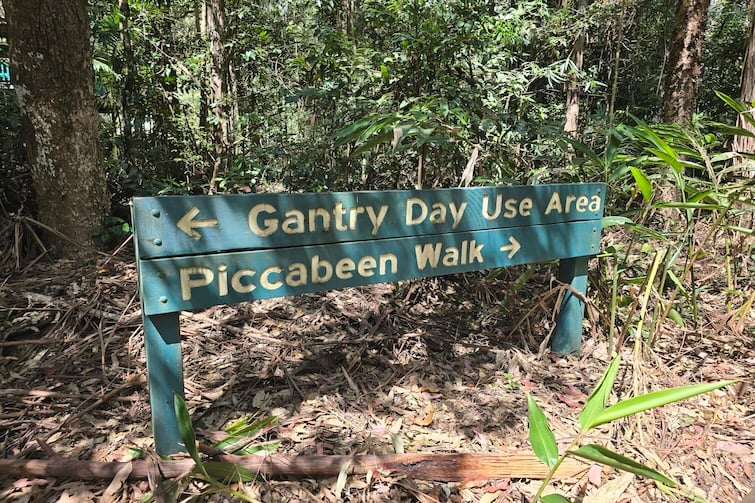 Gantry Day Use Area and Piccabeen Walk sign post at D'Aguilar National Park at Mt Mee.
