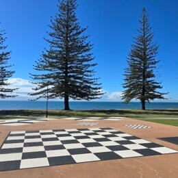 Giant outdoor chess boards near Scarborough Beach Park.
