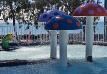 Water mushrooms and spouting worm in the toddler play area at Settlement Cove Lagoon in Redcliffe.