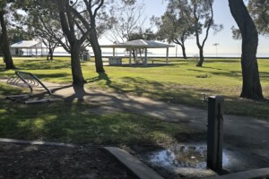 Pathways, bike racks and picnic shelters at Decker Park.