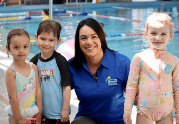 Sam Riley Swim Schools Sam Riley with young swimmers.