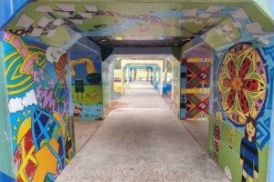 Colourful, art tunnels in the playground at Upper Kedron Recreation Reserve.