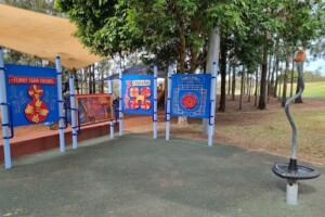 Spinner and play panels in the playground at Upper Kedron Recreation Reserve.
