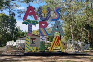 Stacked Australia sign inside Caboolture Historical Village.