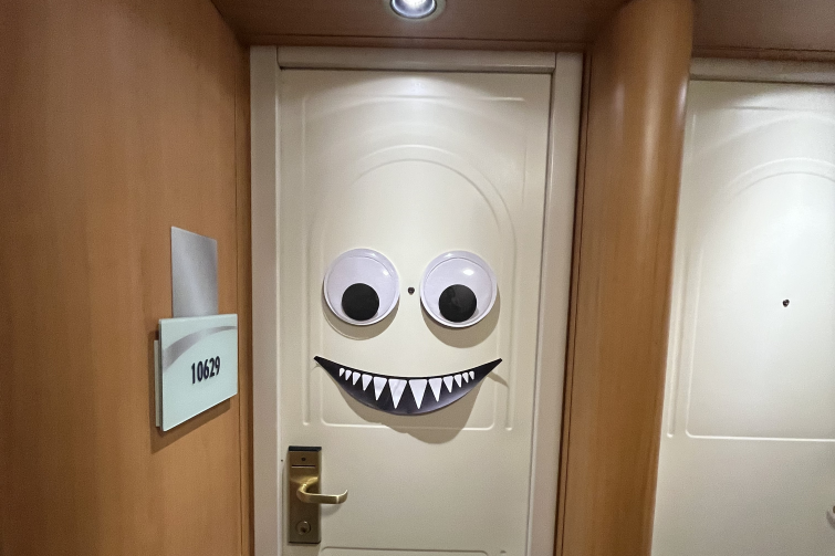 Carnival Cruise Encounter balcony cabin door with decorations.