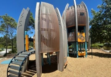 Two climbing towers at Eagle Tree Park in Coomera.