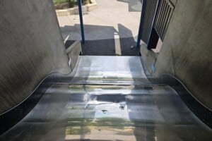 Wide, metal slide at Frew Park.