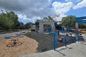 Soft mounds, rocker and play panels at Frew Park.