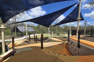 Shade sails over playground at Glider Park in Morayfield.