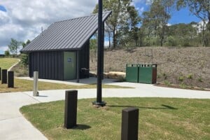 Toilet and rubbish bins at Glider Park in Morayfield.