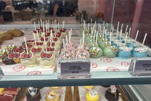 Rows of cake pops at Hello Kitty and Friends Cafe on the Gold Coast.