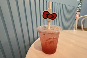 Drink and straw on table at Hello Kitty and Friends Cafe on the Gold Coast.