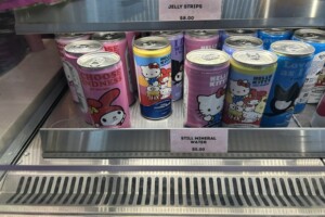 Cans of drink at Hello Kitty and Friends Cafe on the Gold Coast.