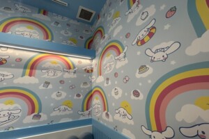 Rainbow decorated walls at Hello Kitty and Friends Cafe on the Gold Coast.