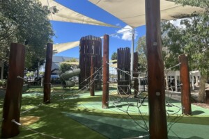 Climbing nets and tower with slide at The Backyard at Westfield Coomera.