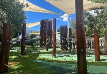 Climbing nets and tower with slide at The Backyard at Westfield Coomera.